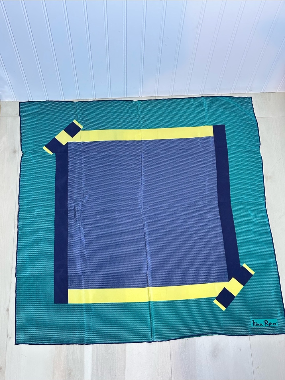 Nina Ricci Teal, Navy & Yellow Graphic Square Silk Scarf Italy 30x30